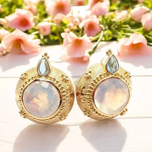 Rare! Vintage Paula Crevoshay 18k Gold Aquamarine Moonstone Round Earrings OOAK - Picture 2 of 12